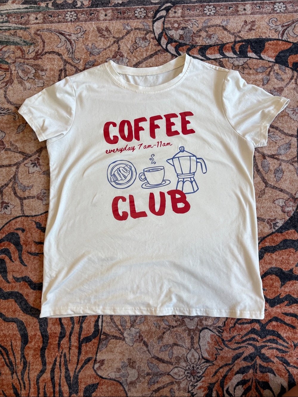SHEIN Cream Short Sleeve Tee with Red and Blue Coffee Graphic